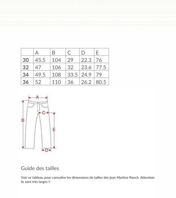 Guide de taille jean Ranch..